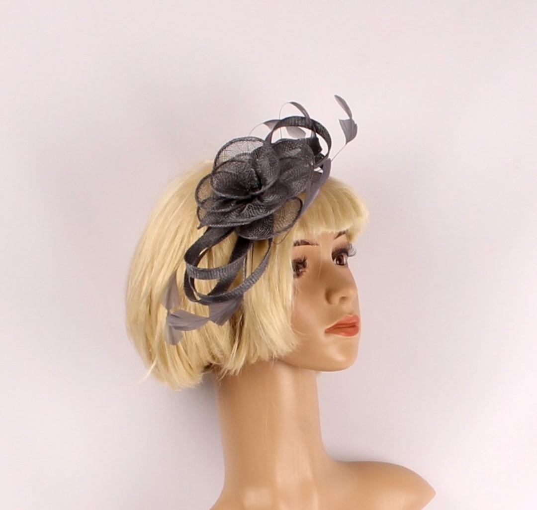  Fascinator w sinamay flower and feathers grey Style : HS/3011/GRY image 0